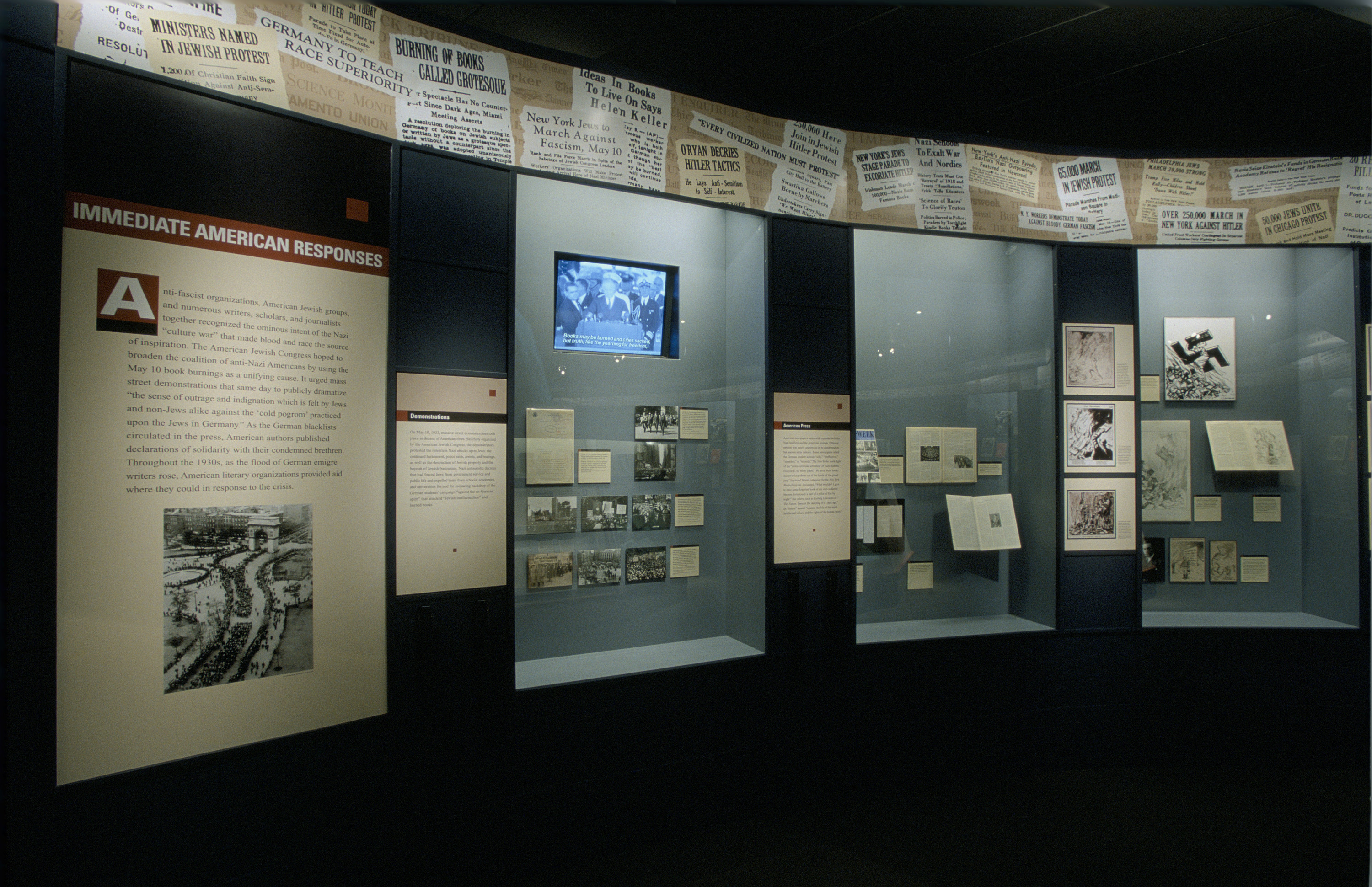 View of the Immediate American Responses section of the special exhibition "Fighting the Fires of Hate: America and the Nazi Book Burnings" (April 29 -- October 13, 2003), U.S. Holocaust Memorial Museum.