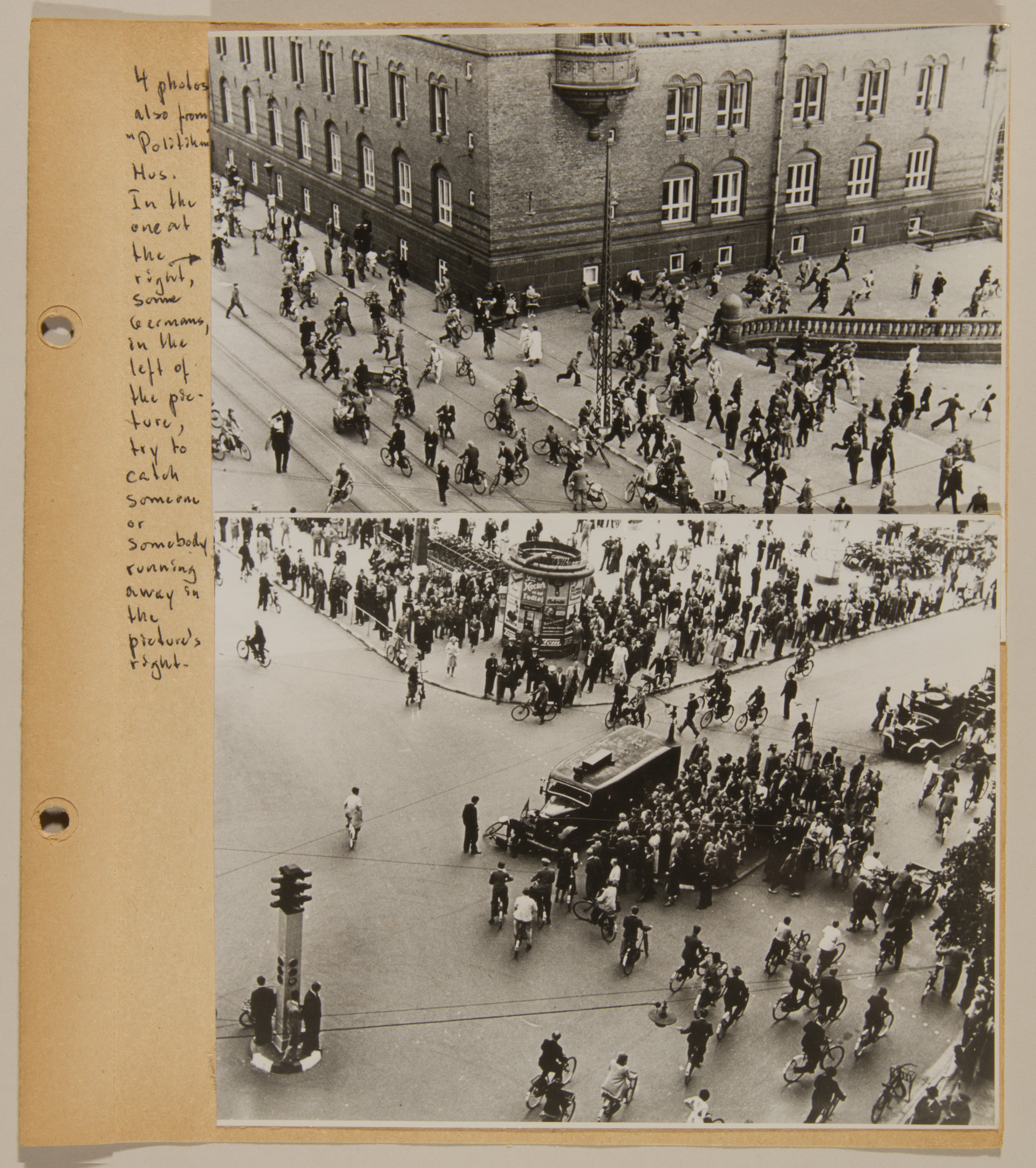 Page from volume four of a set of scrapbooks compiled by Bjorn Sibbern, a Danish policeman and resistance member, documenting the German occupation of Denmark.

The page contains photographs from a series showing German and Danish SS raids on civilians.