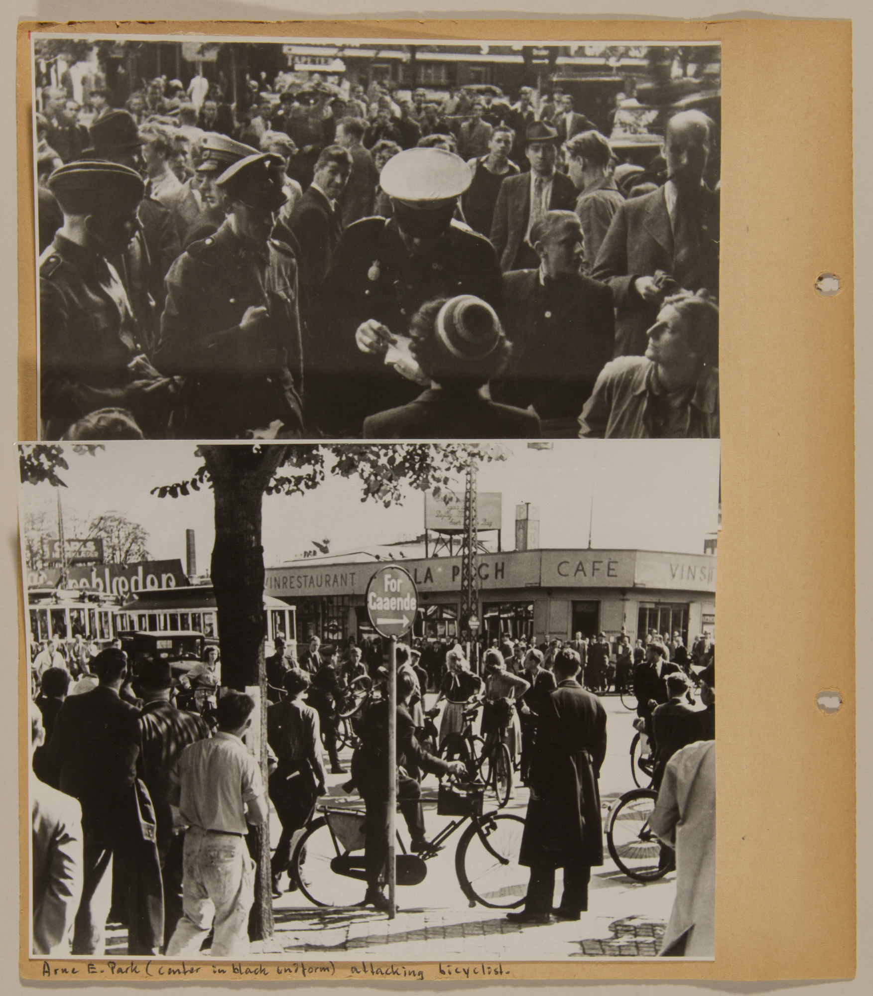 Page from volume four of a set of scrapbooks compiled by Bjorn Sibbern, a Danish policeman and resistance member, documenting the German occupation of Denmark.

The page contains photographs from a series showing German and Danish SS raids on civilians.

The man in the top photo with his back to the camera is probably being targetted because he is wearing a knitted cap with the emblem of the Royal British Airforce.