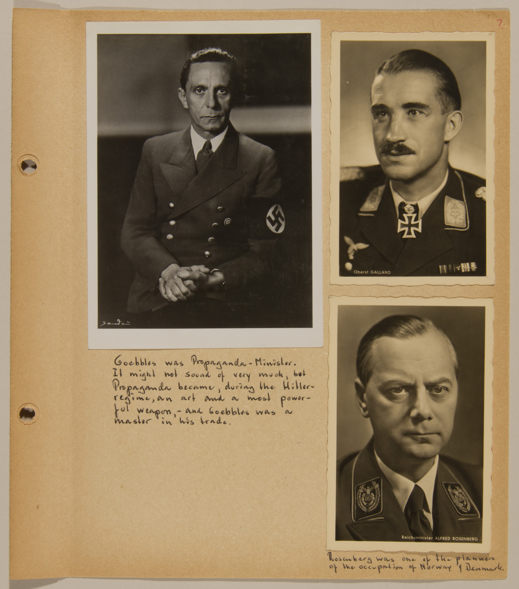 Page from volume four of a set of scrapbooks compiled by Bjorn Sibbern, a Danish policeman and resistance member, documenting the German occupation of Denmark.

This page contains photographs of Goebbels, Galland and Alfred Rosenberg.
