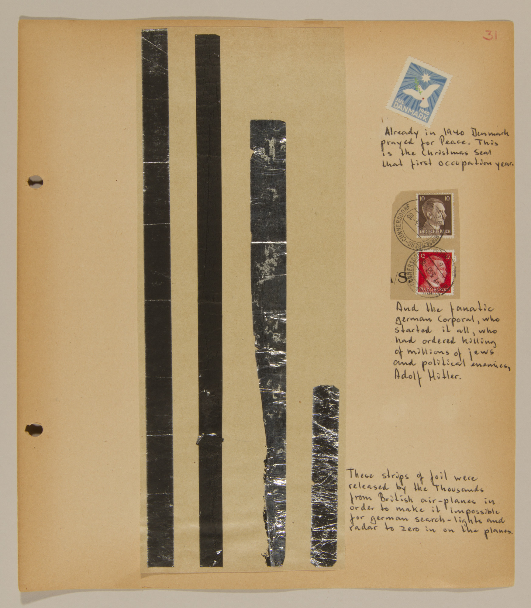 Page from volume one of a set of scrapbooks compiled by Bjorn Sibbern, a Danish policeman and resistance member, documenting the German occupation of Denmark.

This page has strips of foil that the British released to impede German radar,