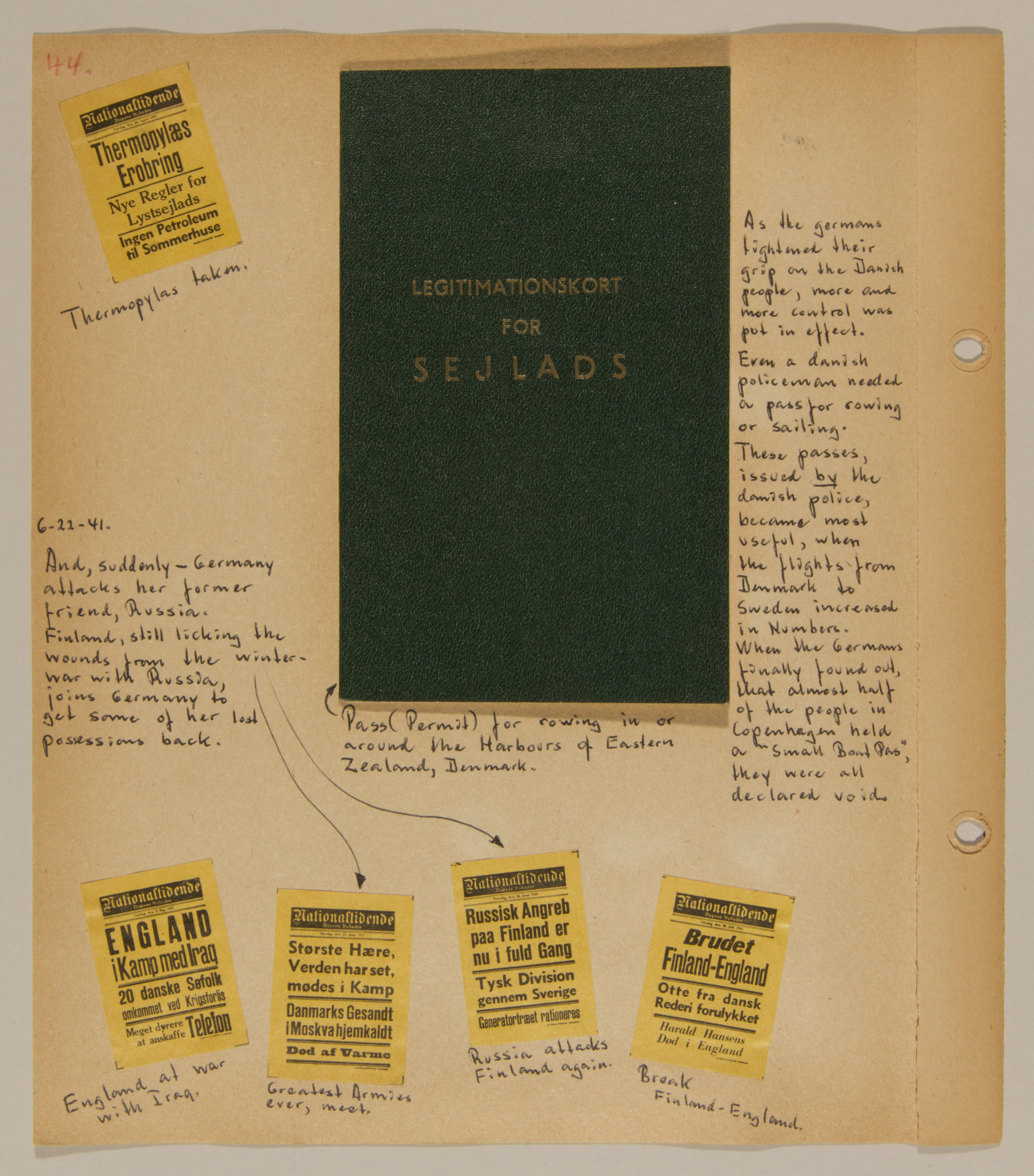 Page from volume one of a set of scrapbooks compiled by Bjorn Sibbern, a Danish policeman and resistance member, documenting the German occupation of Denmark.

The page has newspaper headlines about the invasion of the Soviet Union.