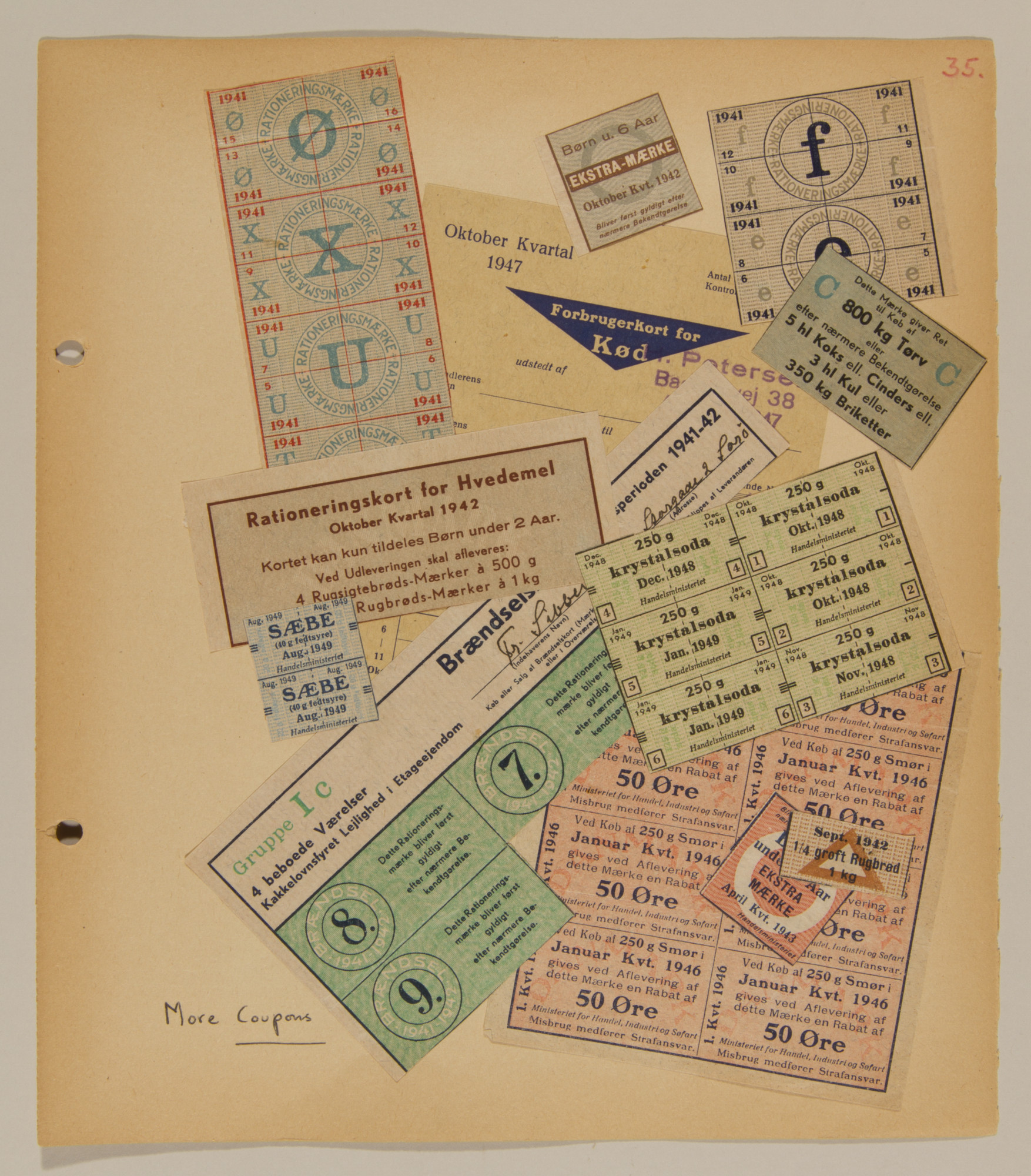 Page from volume one of a set of scrapbooks compiled by Bjorn Sibbern, a Danish policeman and resistance member, documenting the German occupation of Denmark.

This page includes ration coupons.