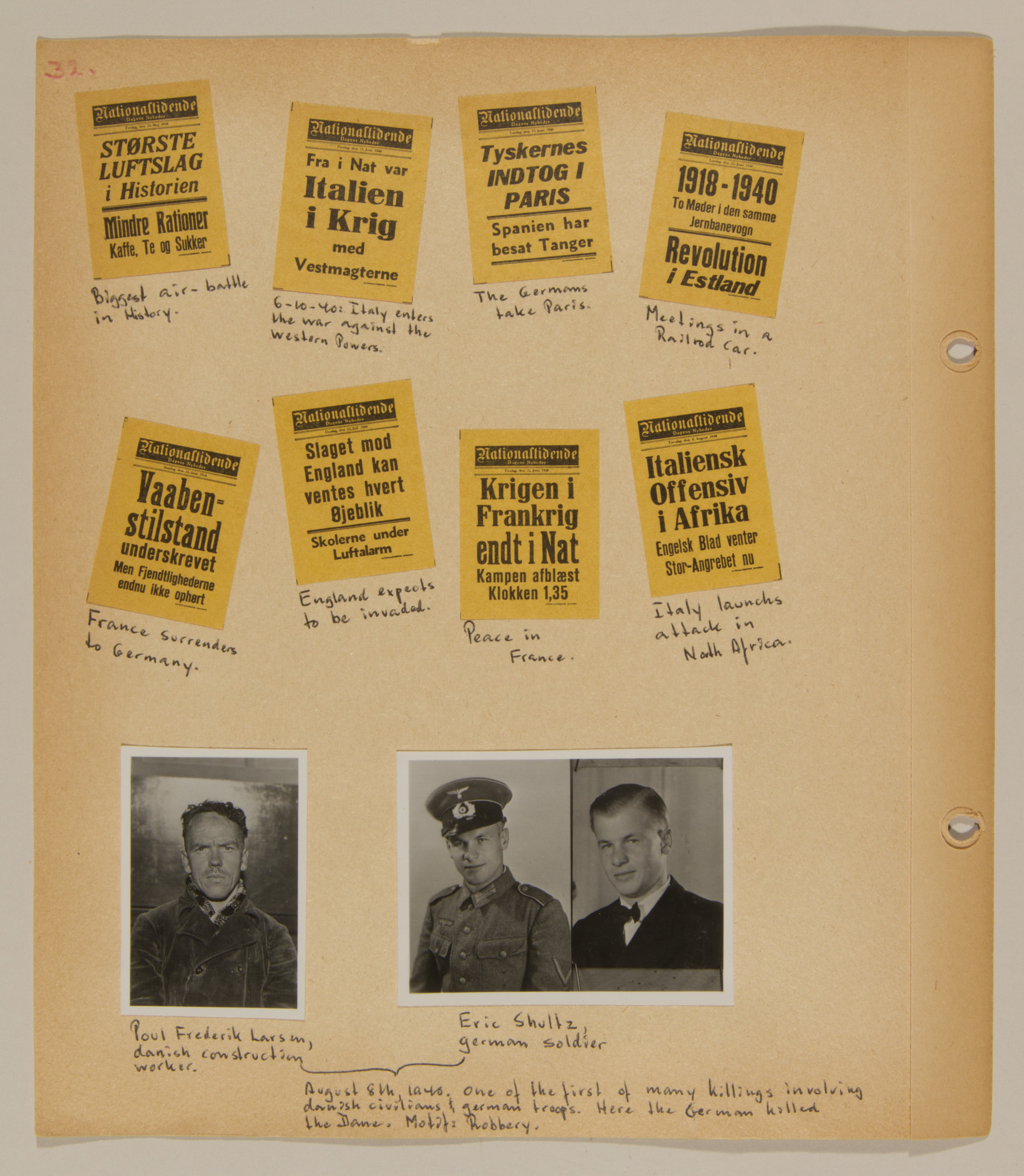 Page from volume one of a set of scrapbooks compiled by Bjorn Sibbern, a Danish policeman and resistance member, documenting the German occupation of Denmark.

This page has a photograph of one of the first Danes killed by the Germans.