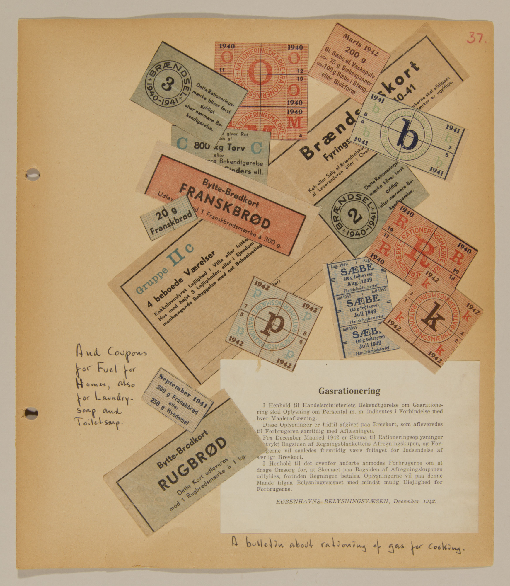 Page from volume one of a set of scrapbooks compiled by Bjorn Sibbern, a Danish policeman and resistance member, documenting the German occupation of Denmark.

This page includes ration coupons.