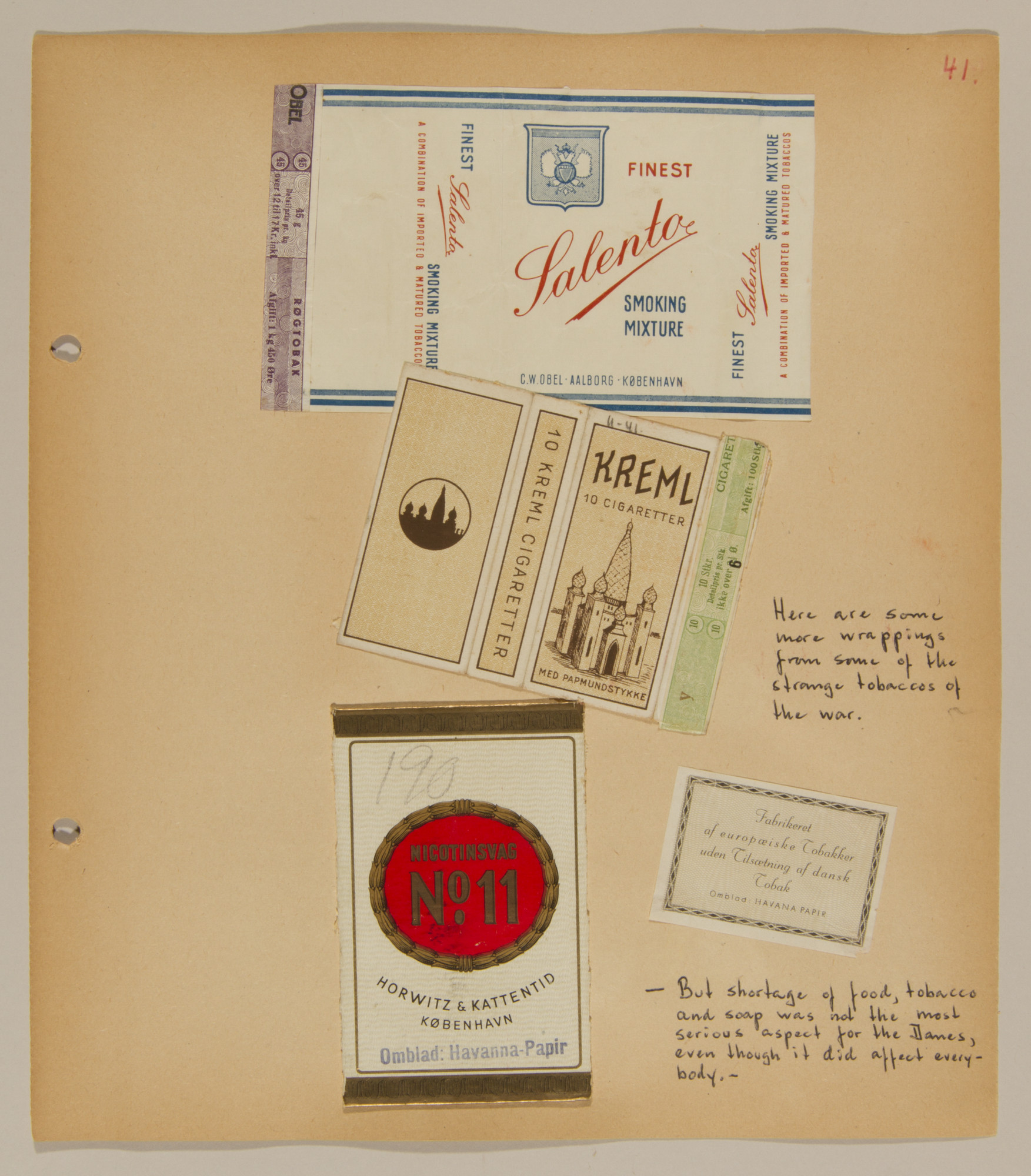 Page from volume one of a set of scrapbooks compiled by Bjorn Sibbern, a Danish policeman and resistance member, documenting the German occupation of Denmark.

Page contains labels to cigarette packages.
