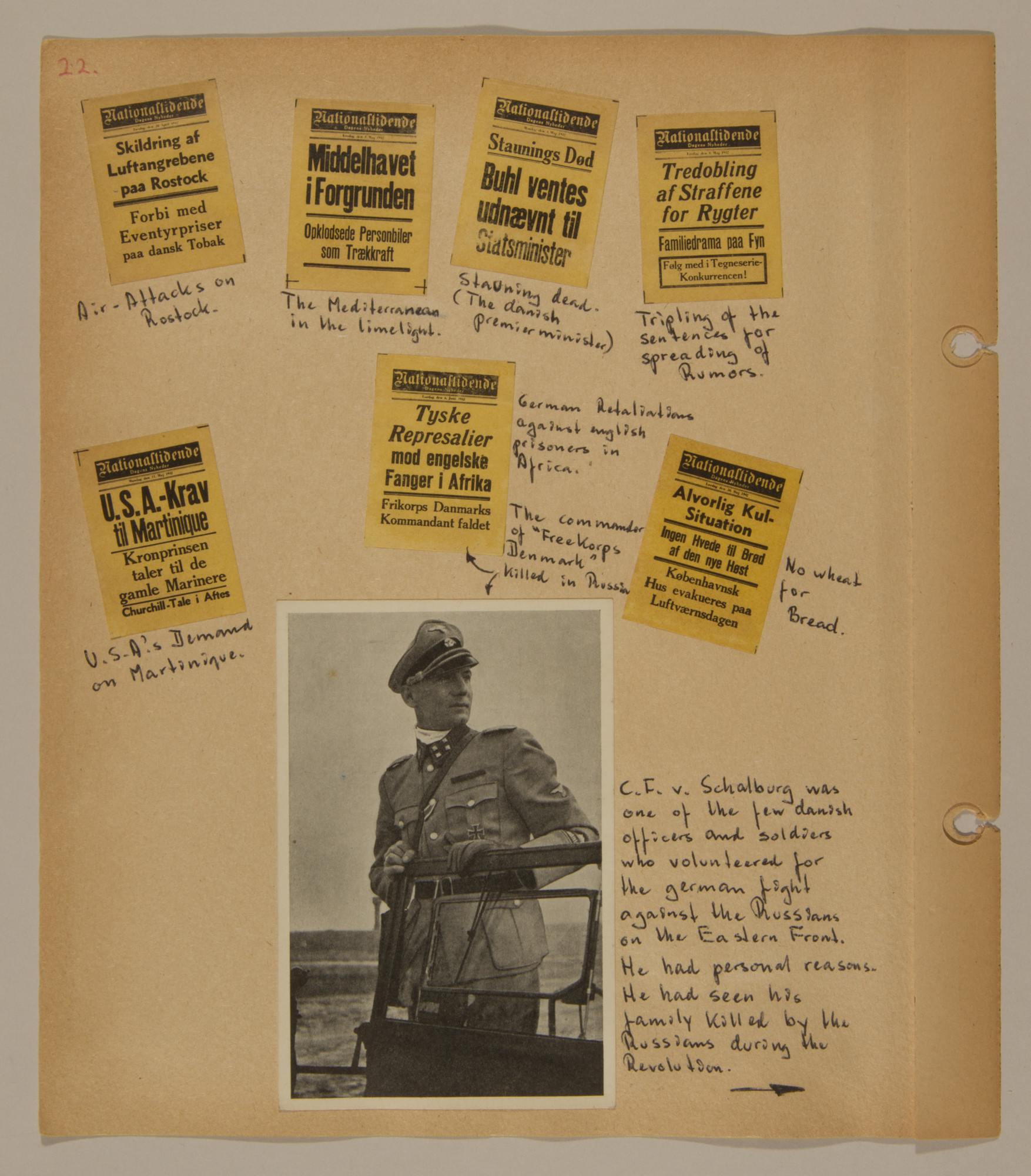 Page from volume two of a set of scrapbooks compiled by Bjorn Sibbern, a Danish policeman and resistance member, documenting the German occupation of Denmark.

This page has a photograph of a Danish collaboratorwho fought with the Germans.