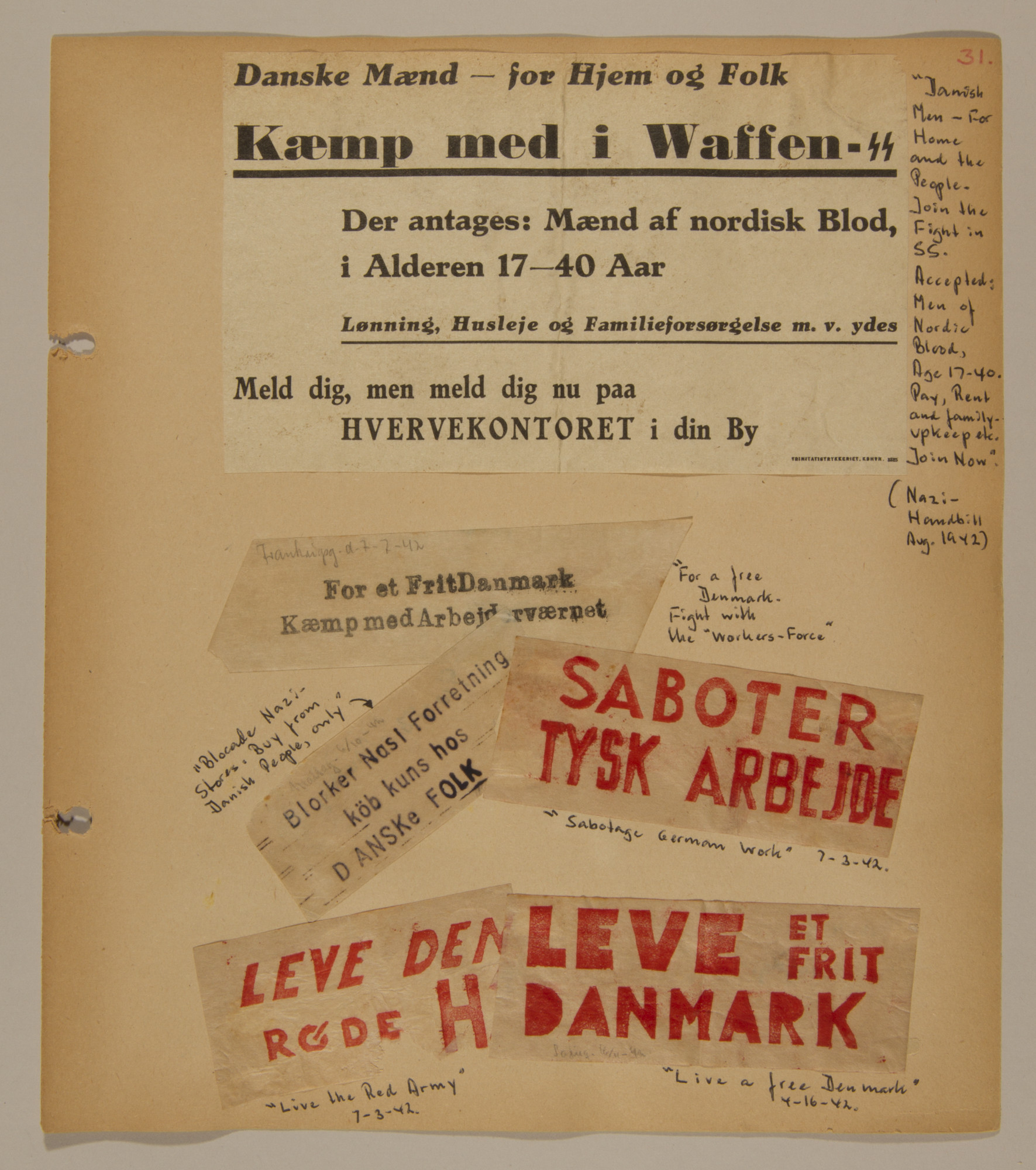 Page from volume two of a set of scrapbooks compiled by Bjorn Sibbern, a Danish policeman and resistance member, documenting the German occupation of Denmark.

This page contains both Nazi and resistance flyers.