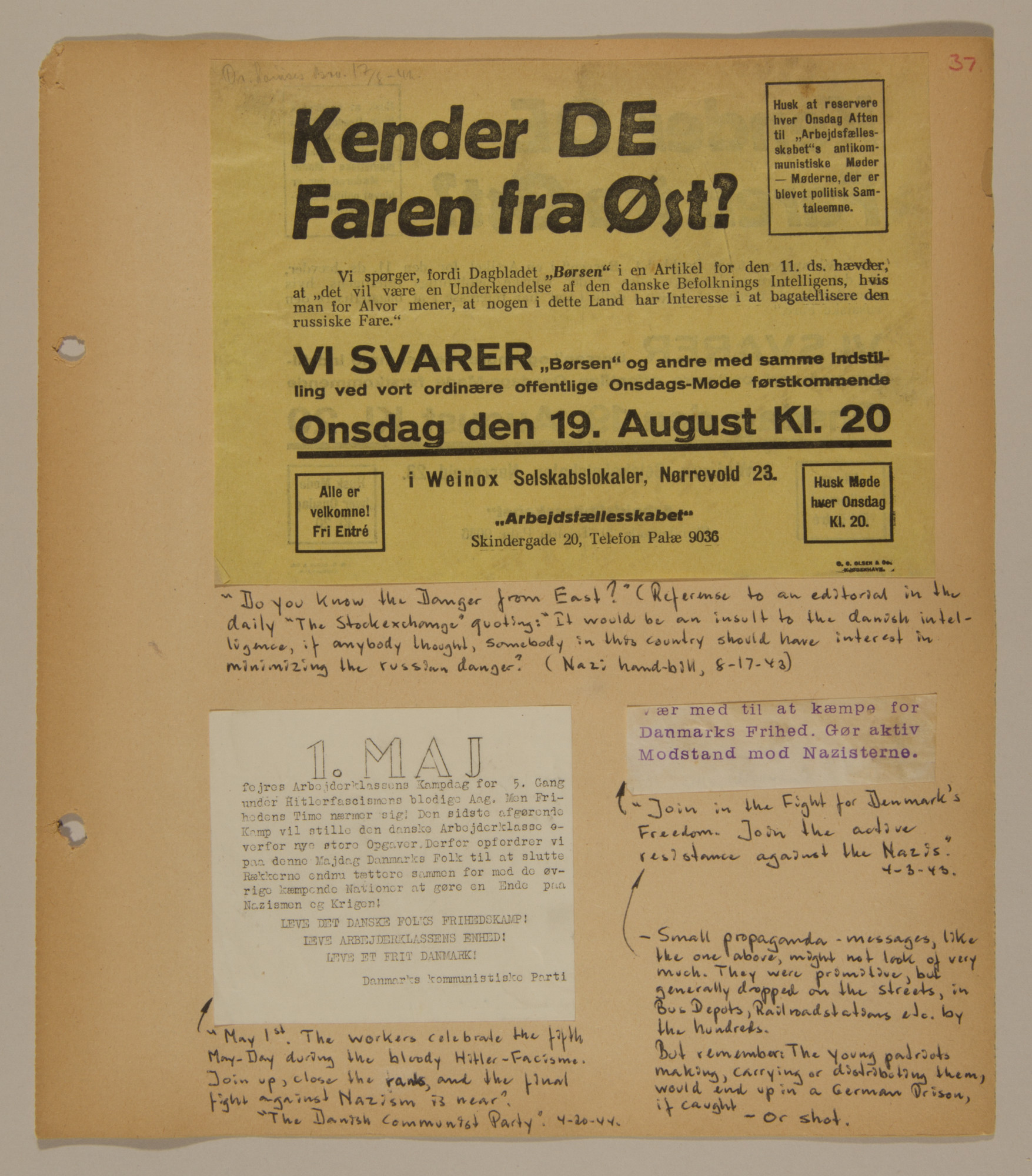 Page from volume two of a set of scrapbooks compiled by Bjorn Sibbern, a Danish policeman and resistance member, documenting the German occupation of Denmark.

This page contains both Nazi and anti-Nazi handbills.