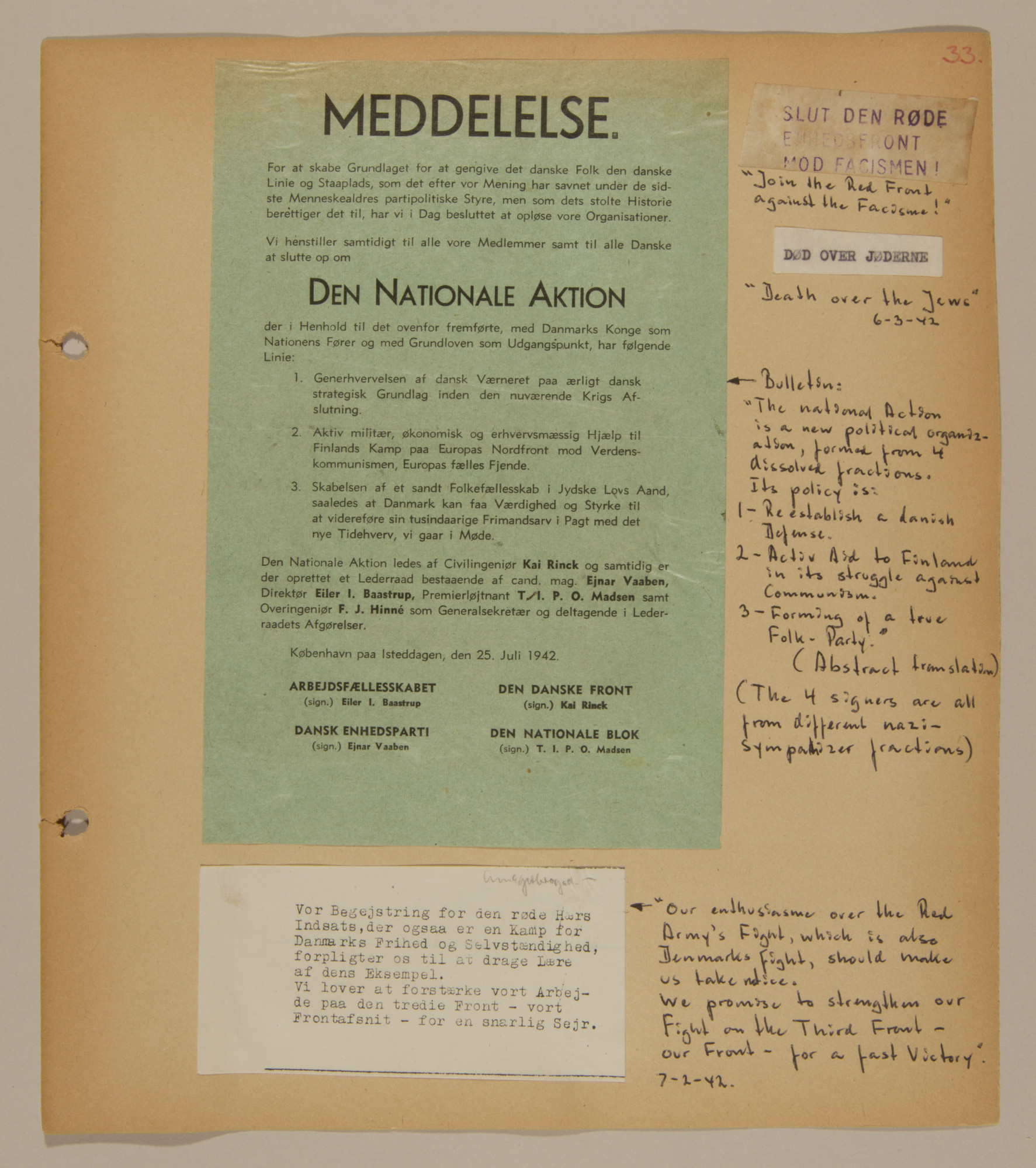 Page from volume two of a set of scrapbooks compiled by Bjorn Sibbern, a Danish policeman and resistance member, documenting the German occupation of Denmark.

This page contains anti-Nazi resistance leaflets.