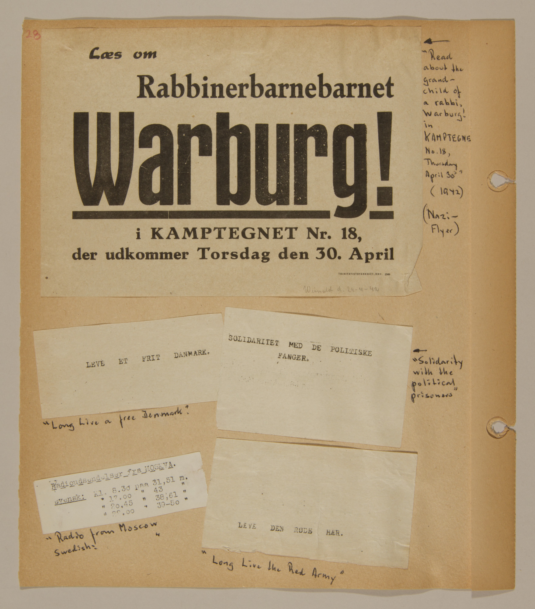 Page from volume two of a set of scrapbooks compiled by Bjorn Sibbern, a Danish policeman and resistance member, documenting the German occupation of Denmark.

This page has an antisemitic Nazi flyer.