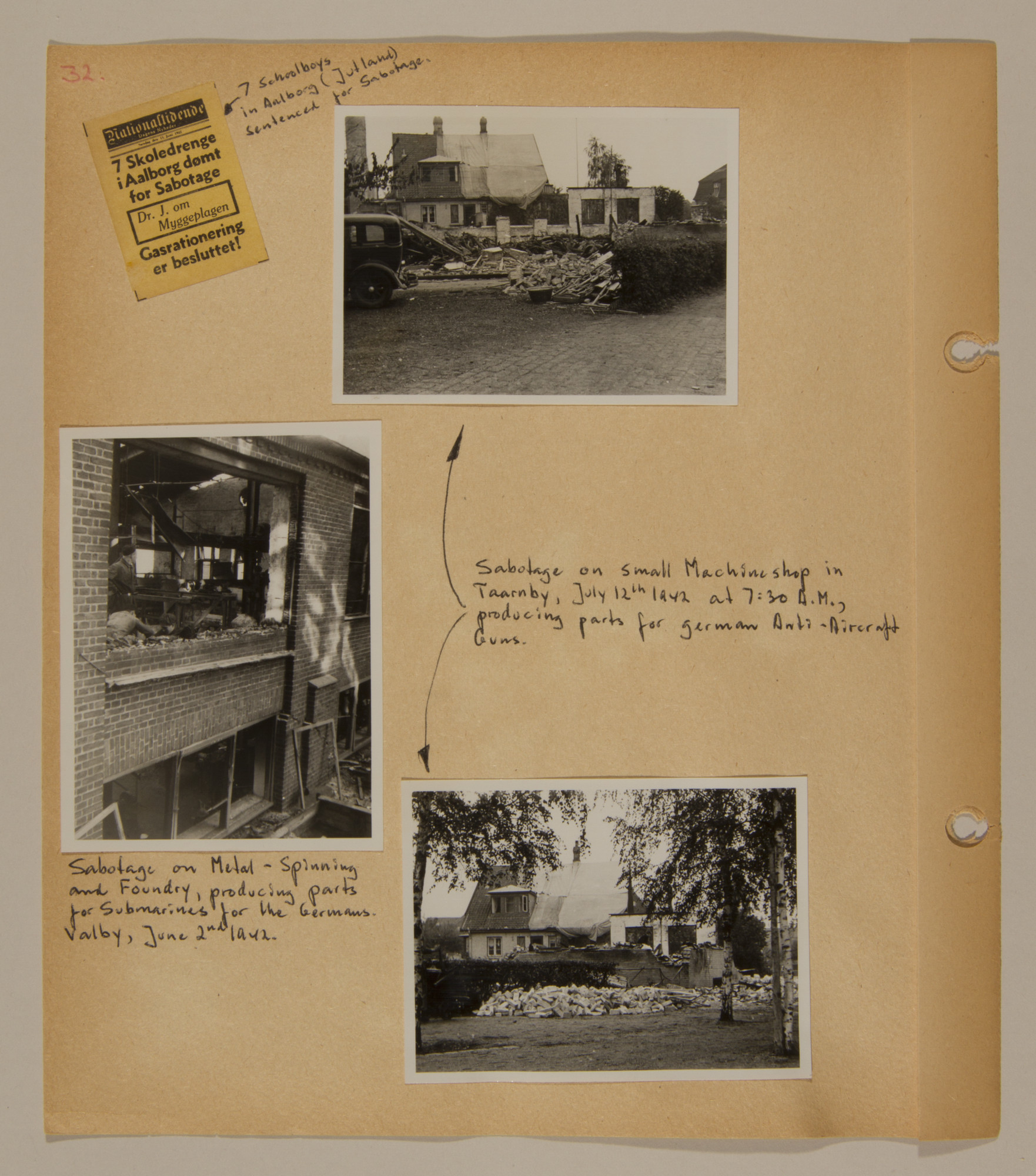 Page from volume two of a set of scrapbooks compiled by Bjorn Sibbern, a Danish policeman and resistance member, documenting the German occupation of Denmark.

This page contains photographs of anti-Nazi sabotage.