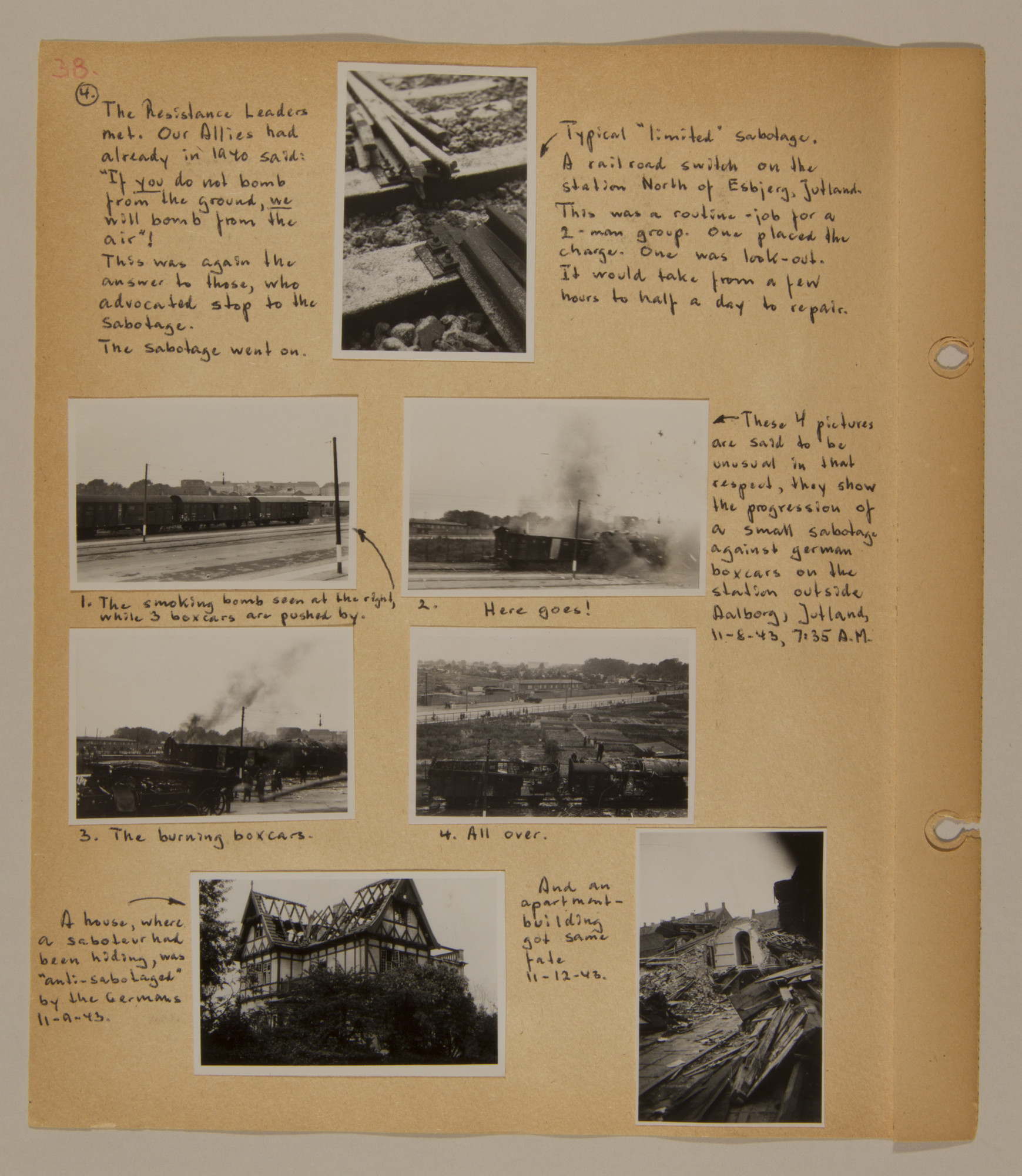 Page from volume three of a set of scrapbooks compiled by Bjorn Sibbern, a Danish policeman and resistance member, documenting the German occupation of Denmark.

This page contains photographs of anti-Nazi sabotage.
