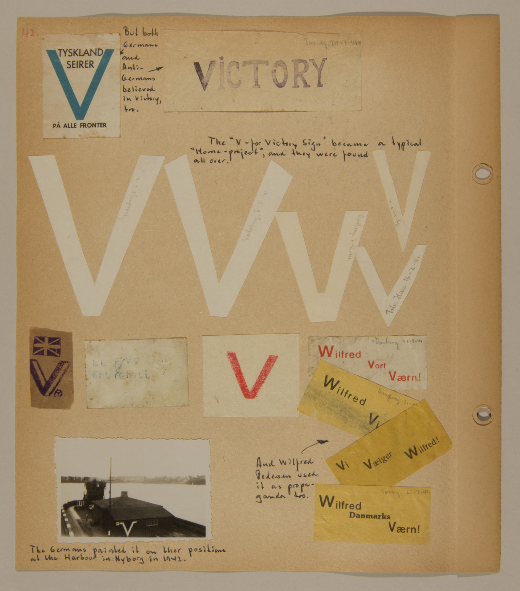 Page from volume three of a set of scrapbooks compiled by Bjorn Sibbern, a Danish policeman and resistance member, documenting the German occupation of Denmark.

This page contains examples of various "V for Victory" signs.