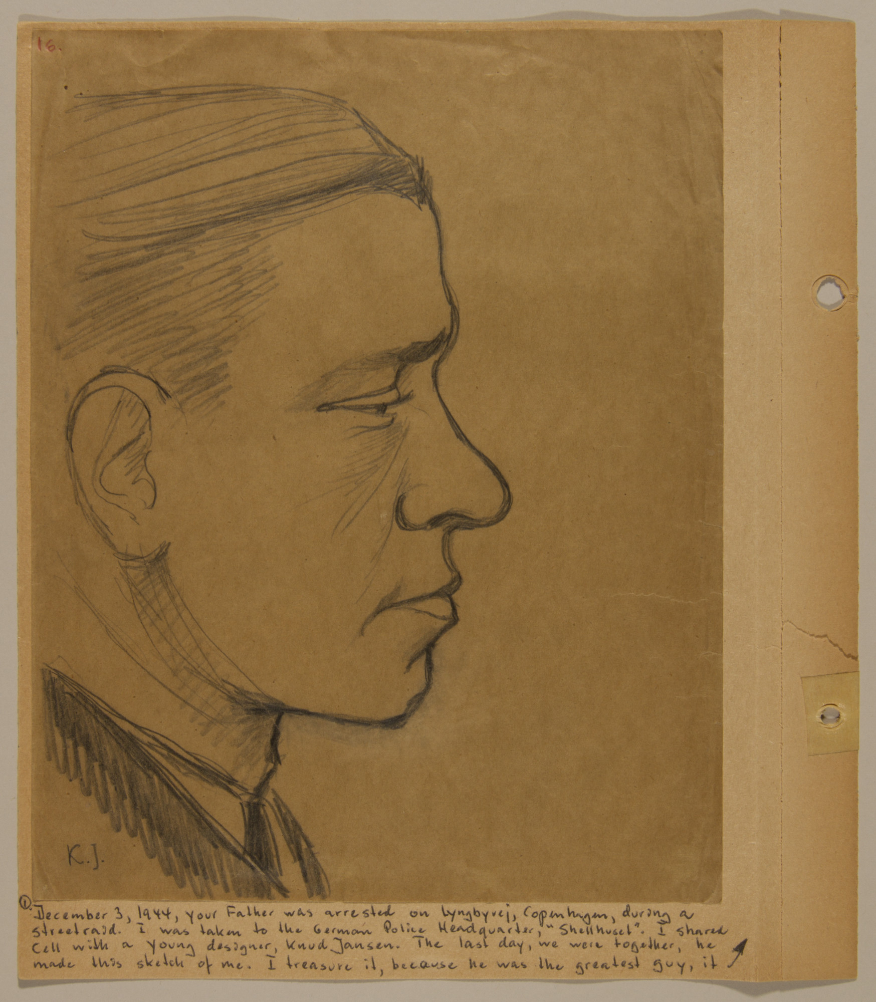Page from volume five of a set of scrapbooks compiled by Bjorn Sibbern, a Danish policeman and resistance member, documenting the German occupation of Denmark.

This page contains a sketch of Sibbern drawn by Knud Jansen while the two shared a prison cell.  Soon afterwards Jansen was executed.  Sibbern was interrogated for six days and then released since his interrogator couldn't disprove his alibi.