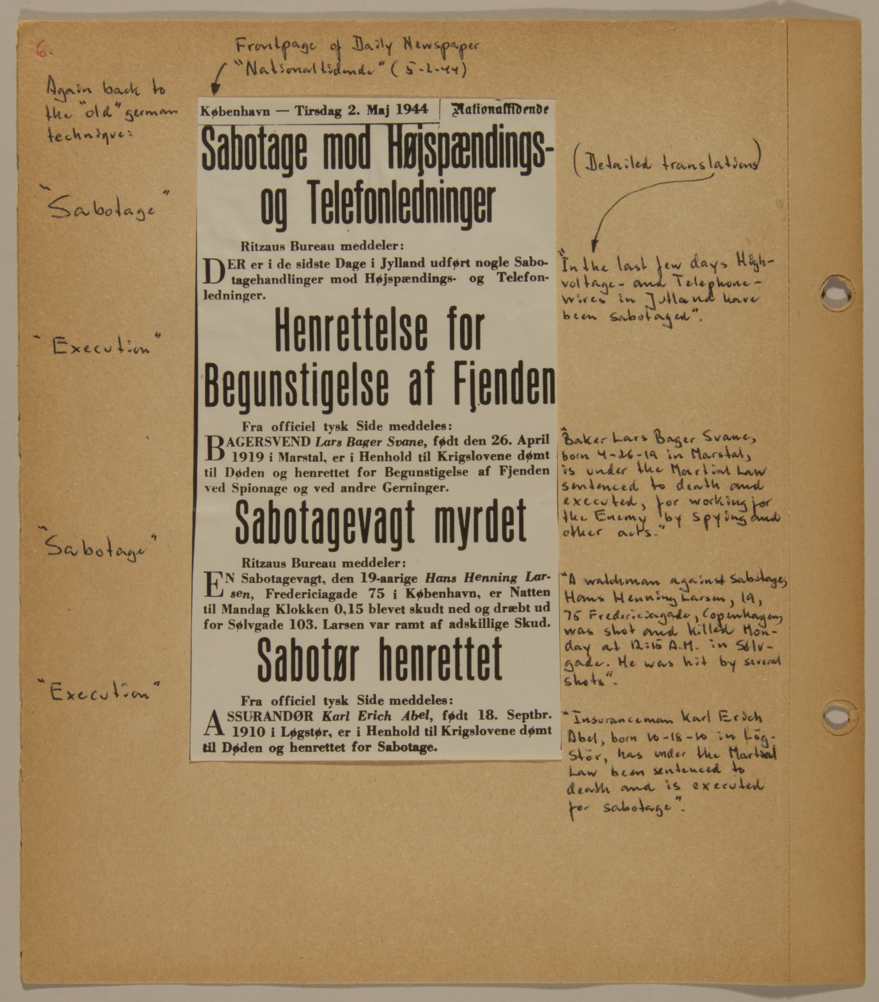 Page from volume five of a set of scrapbooks compiled by Bjorn Sibbern, a Danish policeman and resistance member, documenting the German occupation of Denmark.

This page contains a May 2, 1944 newspaper clipping about sabotage.