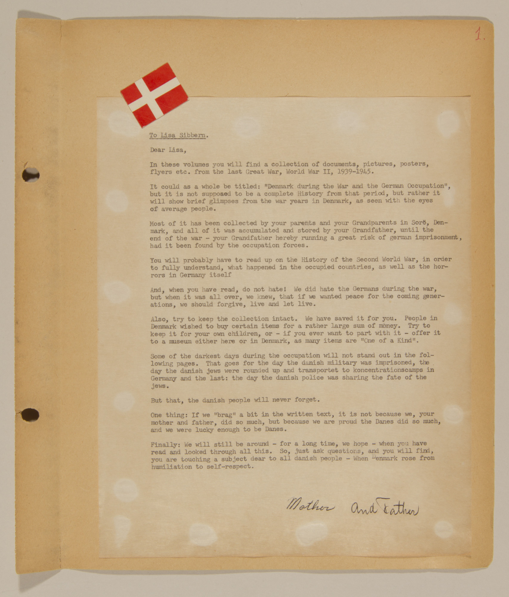 Dedication to a set of scrapbooks compiled by Bjorn Sibbern, a Danish policeman and resistance member, documenting the German occupation of Denmark.