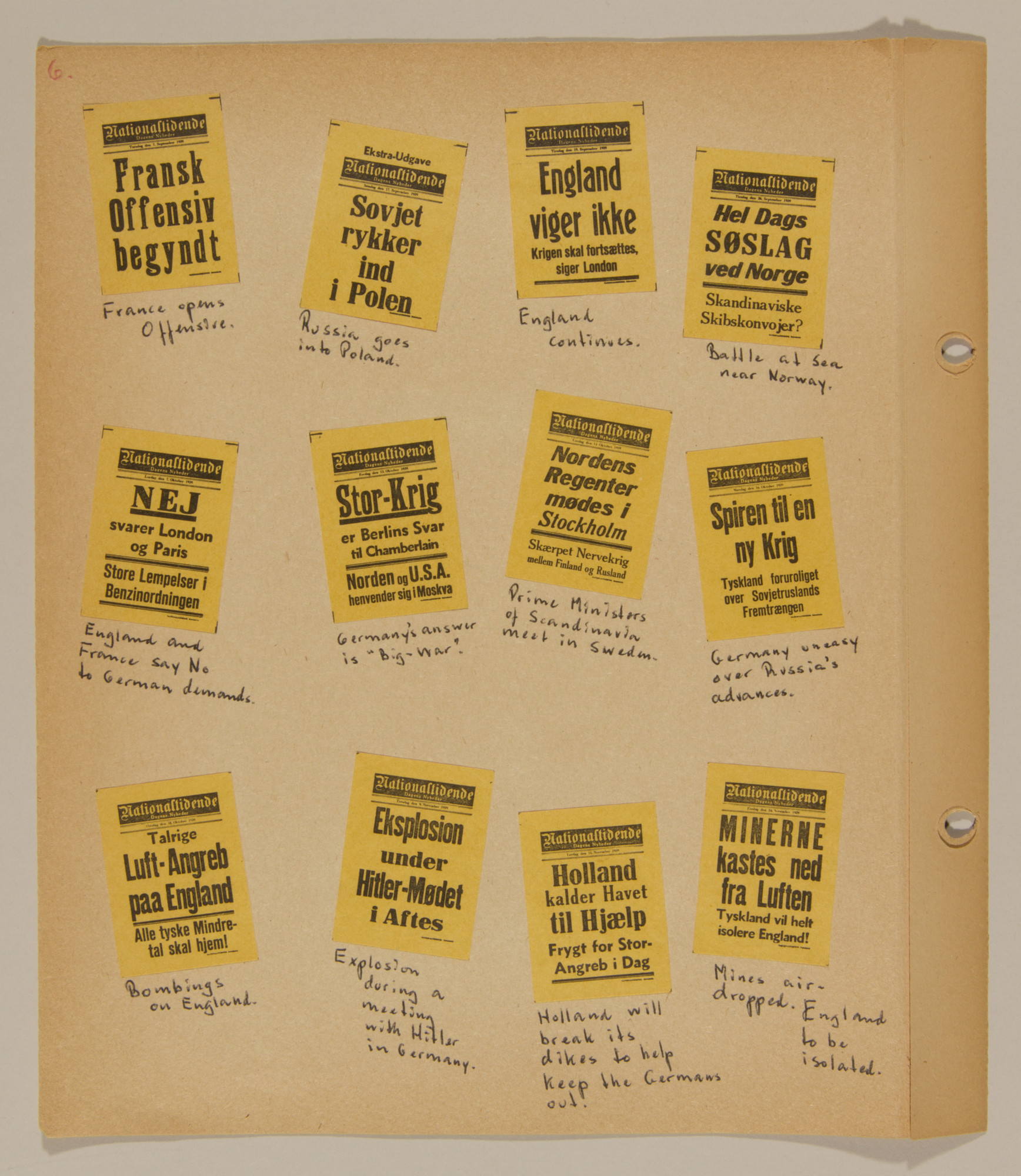 Page from volume one of a set of scrapbooks compiled by Bjorn Sibbern, a Danish policeman and resistance member, documenting the German occupation of Denmark.

This page has press headlines from the summer and fall of 1939.