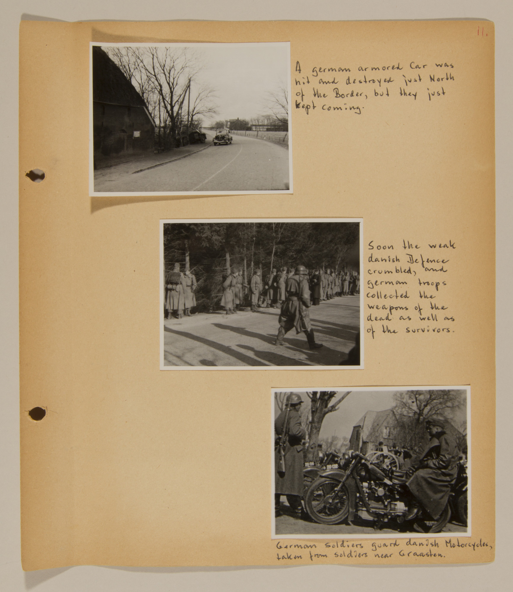 Page from volume one of a set of scrapbooks compiled by Bjorn Sibbern, a Danish policeman and resistance member, documenting the German occupation of Denmark.

This page documents the German invasion.
