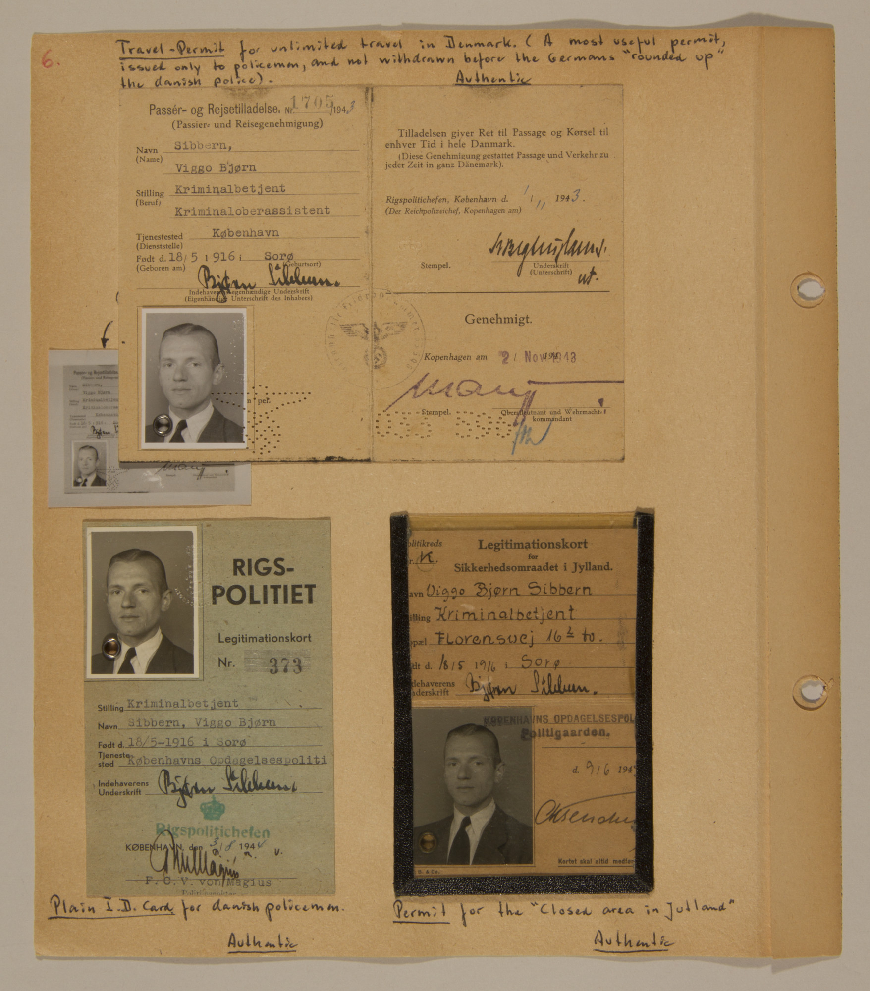 Page from volume three of a set of scrapbooks compiled by Bjorn Sibbern, a Danish policeman and resistance member, documenting the German occupation of Denmark.

This page contains Bjorn Sibbern's authentic identification cards.