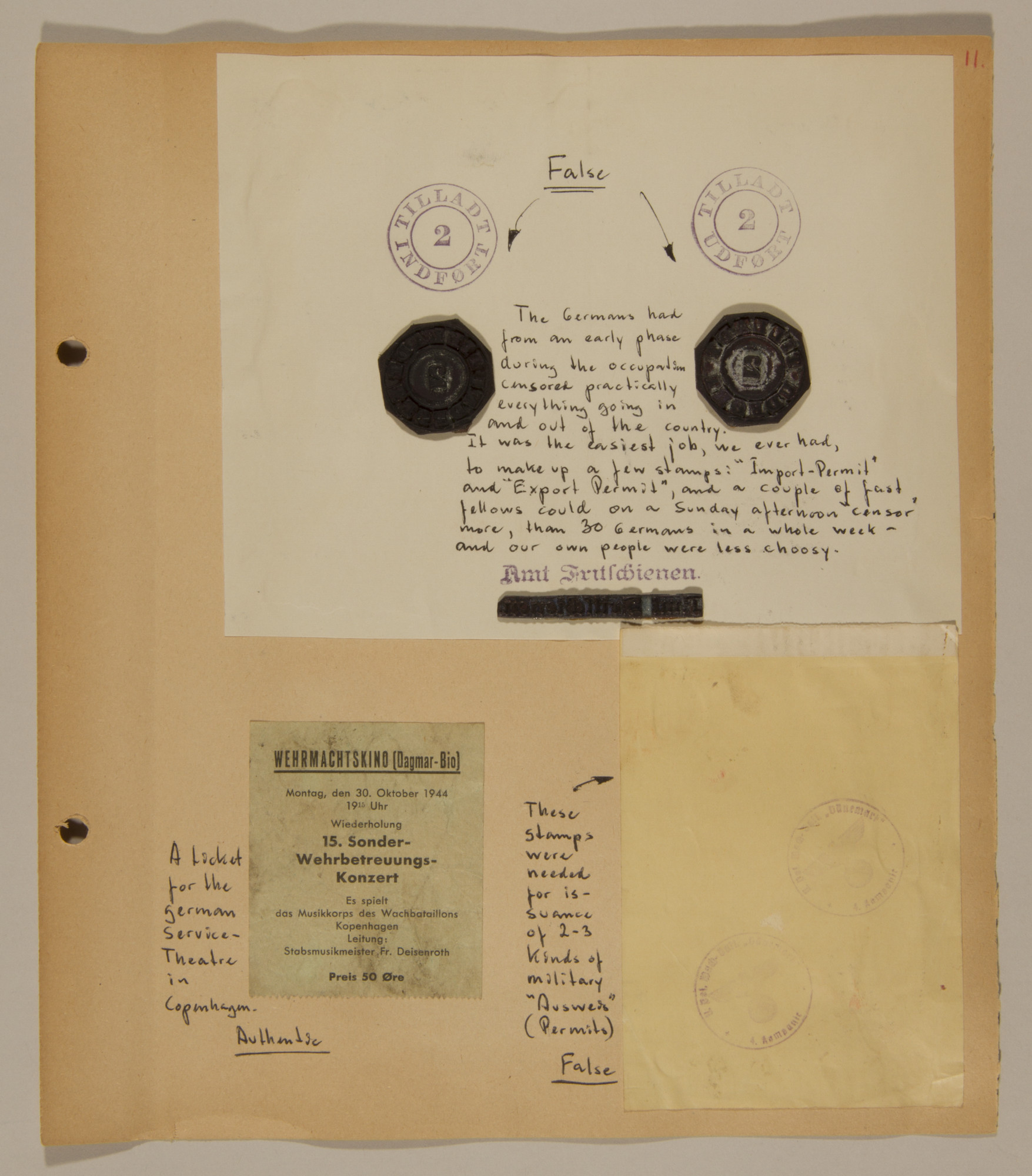 Page from volume three of a set of scrapbooks compiled by Bjorn Sibbern, a Danish policeman and resistance member, documenting the German occupation of Denmark.

This page contains forgery stamps for the creation of false documents.