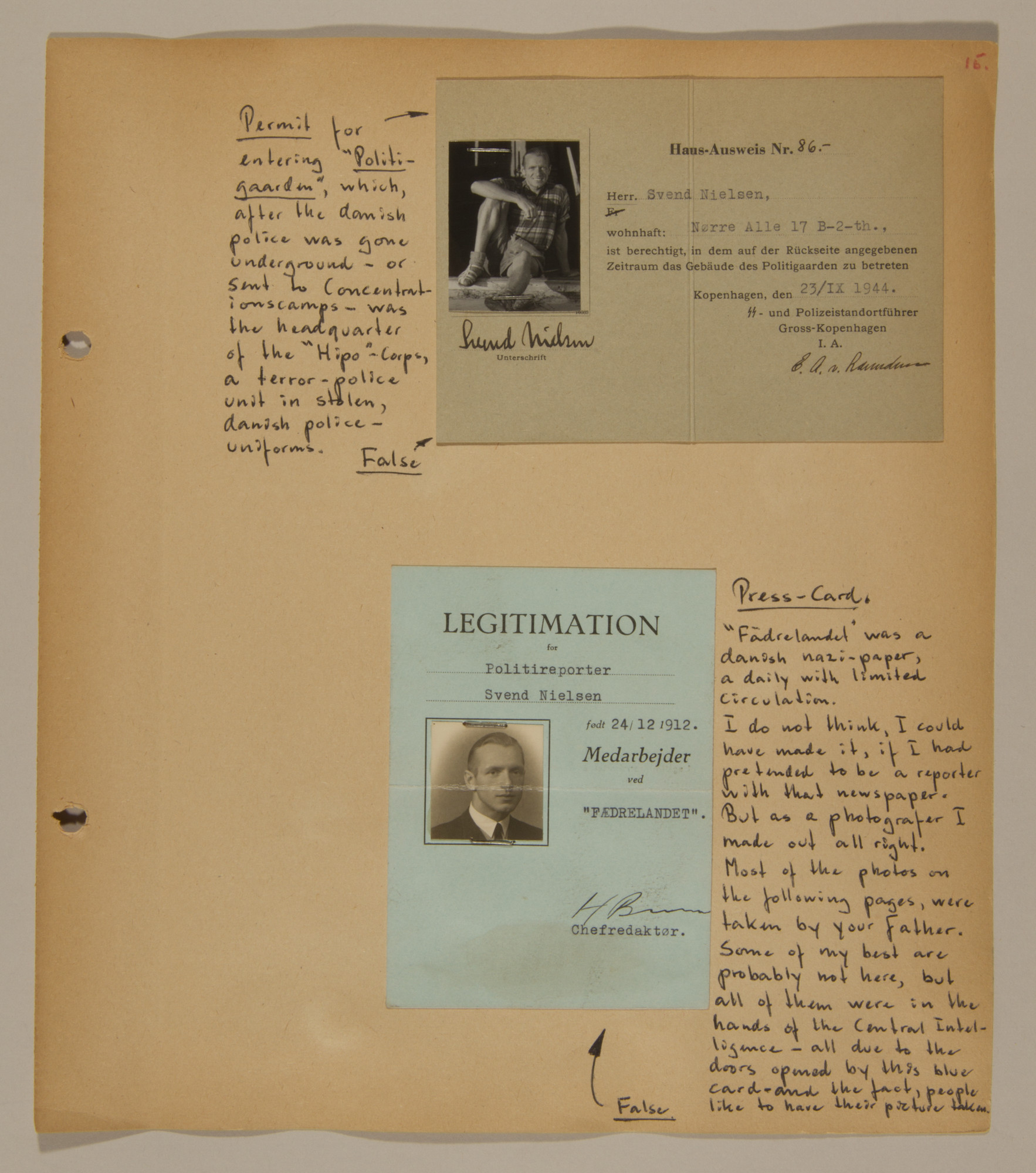 Page from volume three of a set of scrapbooks compiled by Bjorn Sibbern, a Danish policeman and resistance member, documenting the German occupation of Denmark.

This page contains Bjorn Sibbern's (aka Svend Nieslsen's) false press card and permit to enter the headquarters of the secret police.