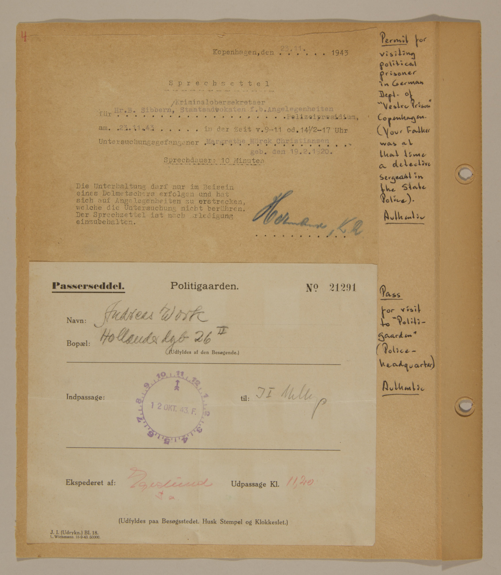 Page from volume three of a set of scrapbooks compiled by Bjorn Sibbern, a Danish policeman and resistance member, documenting the German occupation of Denmark.

This page contains examples of authentic permits and passes.