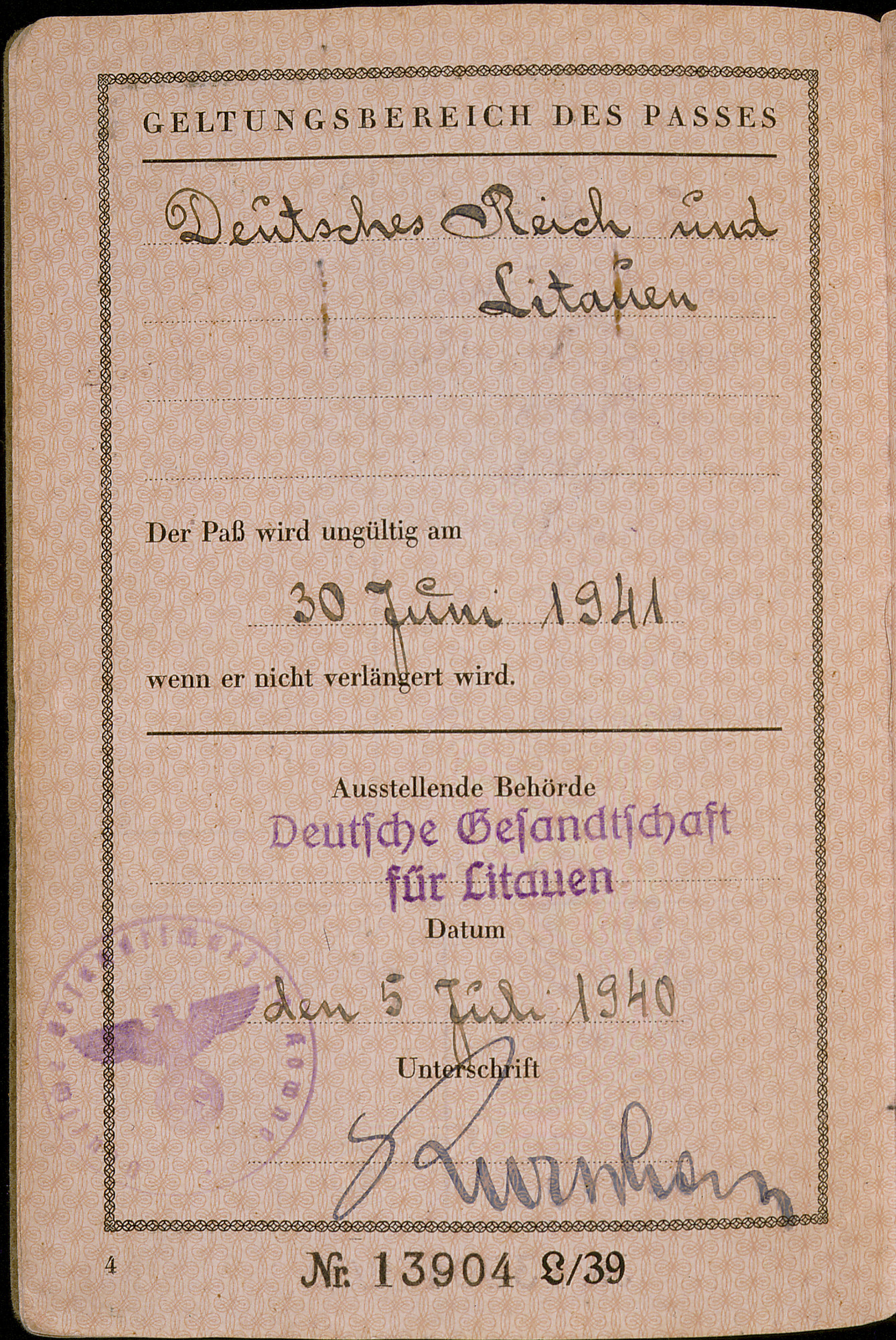 German passport issued to Moritz Sondheimer by the German Consulate in Kaunas.

German Jews were commonly required to add "Israel" to their names if male, and "Sara" if female.  Jewish passports were further distinguished by a "J," signifying "Jude" (Jew), stamped in red on the first page.