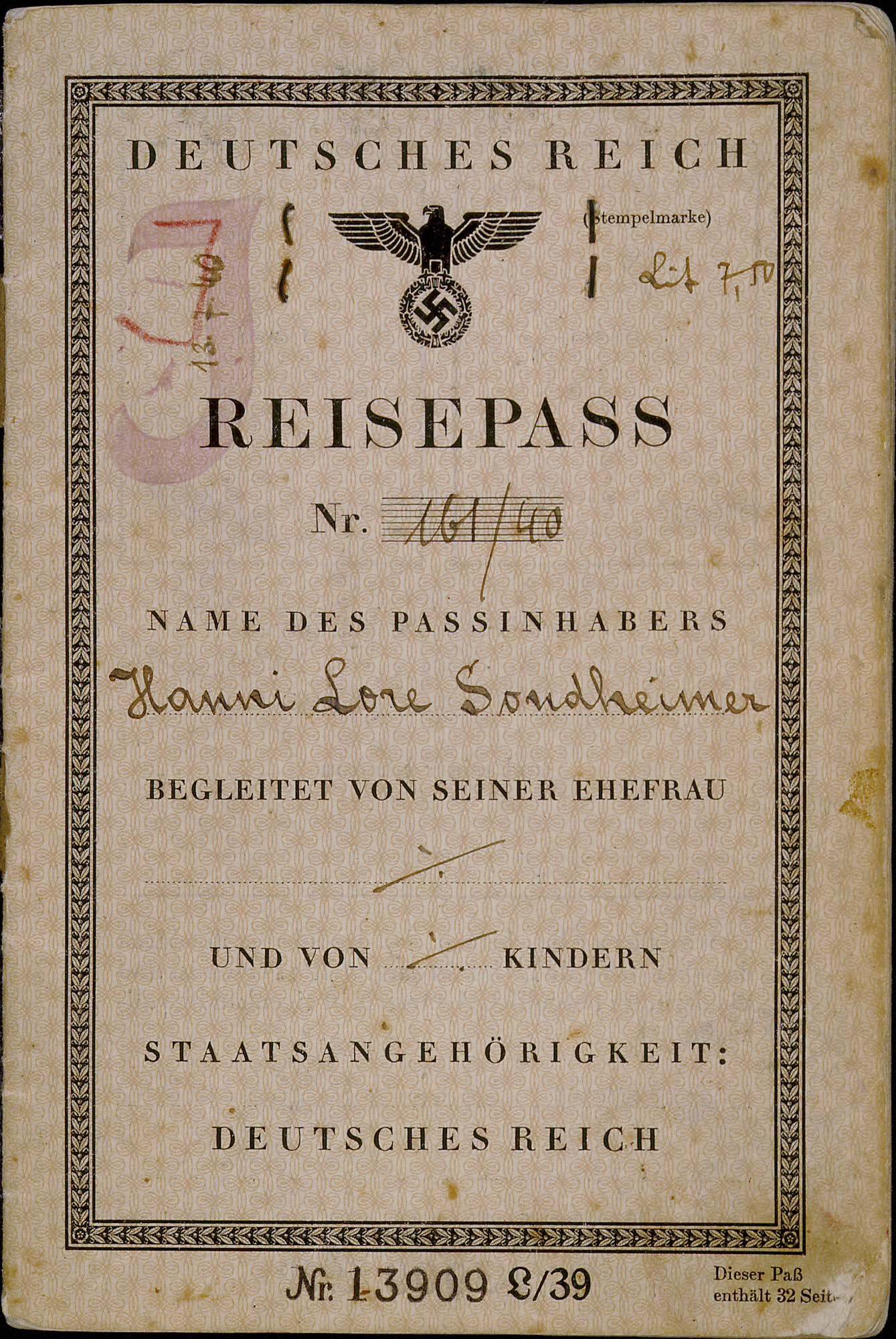 German passport issued to Hanni Sondheimer by the German Consulate in Kovno.

German Jews were commonly required to add "Israel" to their names if male, and "Sara" if female.  Jewish passports were further distinguished by a "J," signifying "Jude" (Jew), stamped in red on the first page.