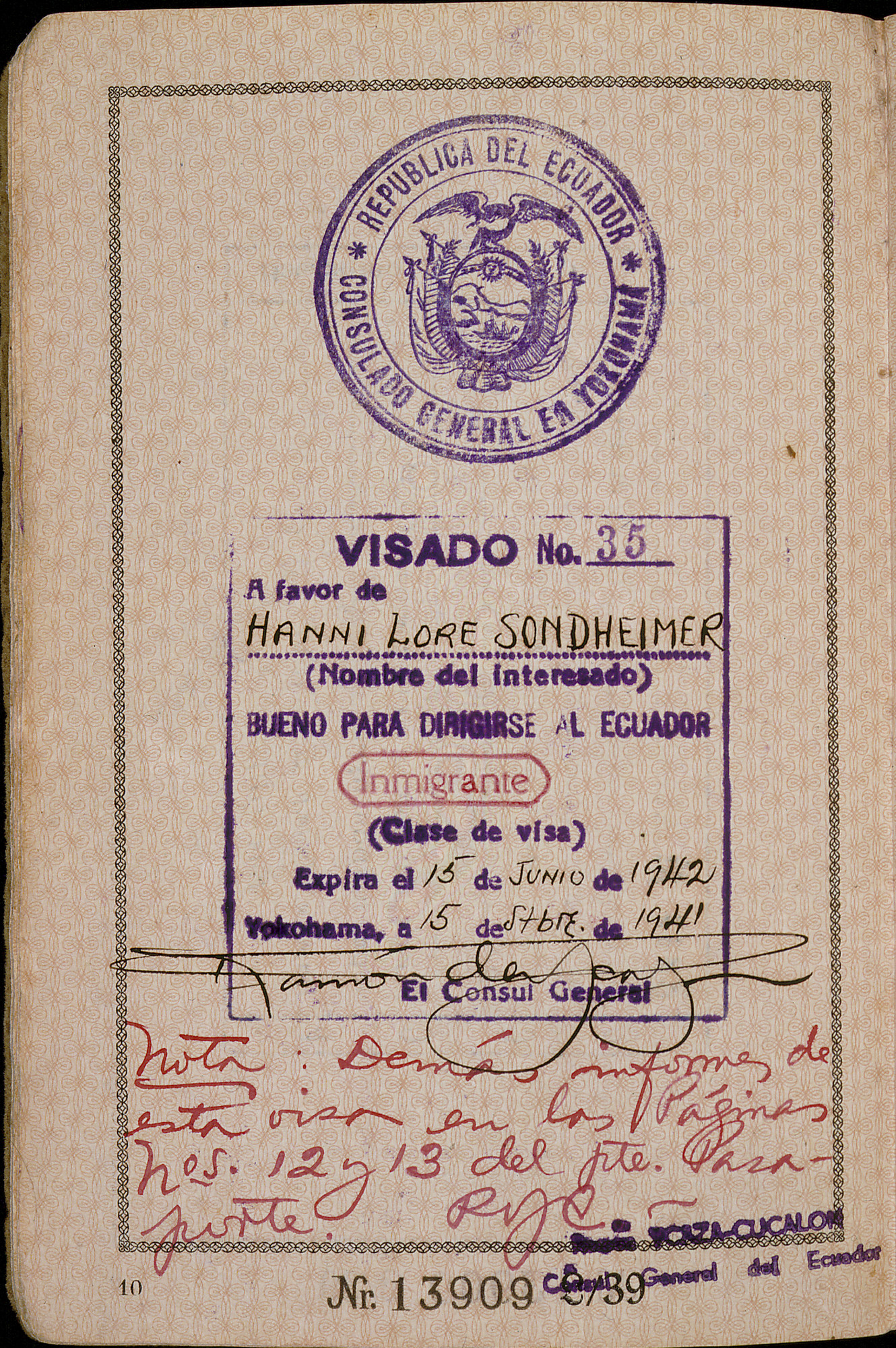 German passport issued to Hanni Sondheimer by the German Consulate in Kaunas.

German Jews were commonly required to add "Israel" to their names if male, and "Sara" if female.  Jewish passports were further distinguished by a "J," signifying "Jude" (Jew), stamped in red on the first page.
