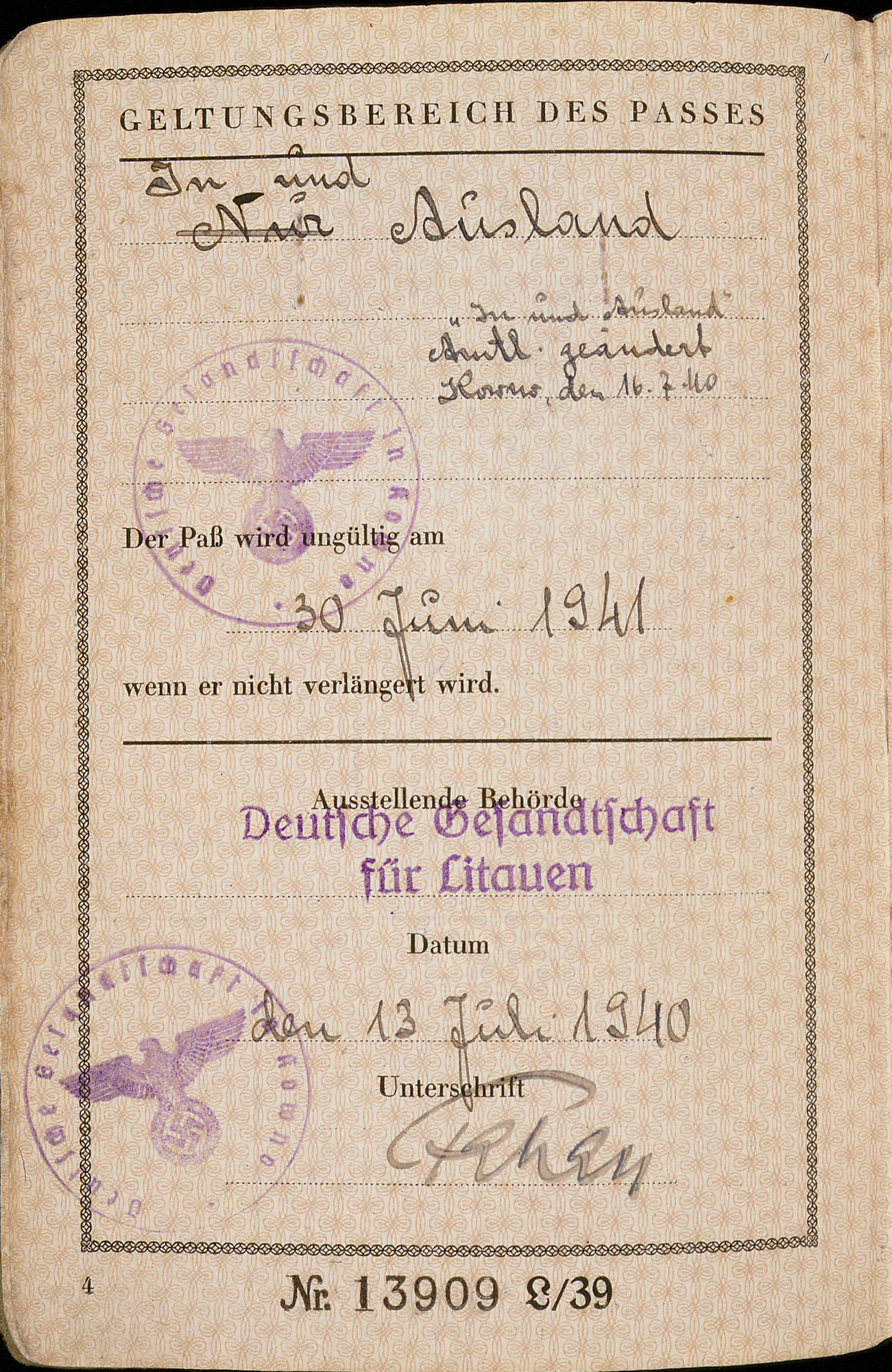 German passport issued to Hanni Sondheimer by the German Consulate in Kovno.

German Jews were commonly required to add "Israel" to their names if male, and "Sara" if female.  Jewish passports were further distinguished by a "J," signifying "Jude" (Jew), stamped in red on the first page.