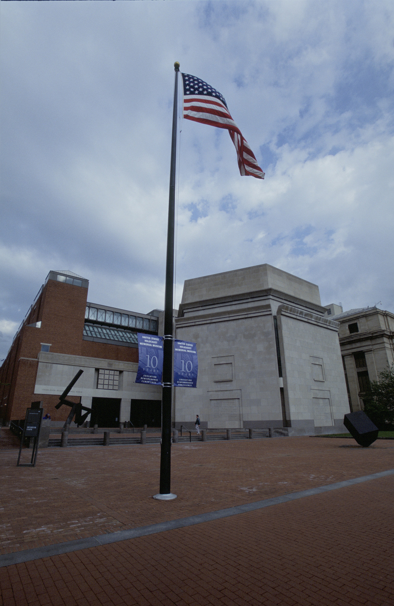 View of Eisenhower Plaza decorated with 10th anniversary banners on the flag pole at the U.S. Holocaust Memorial Museum on the day of its10th anniversary.