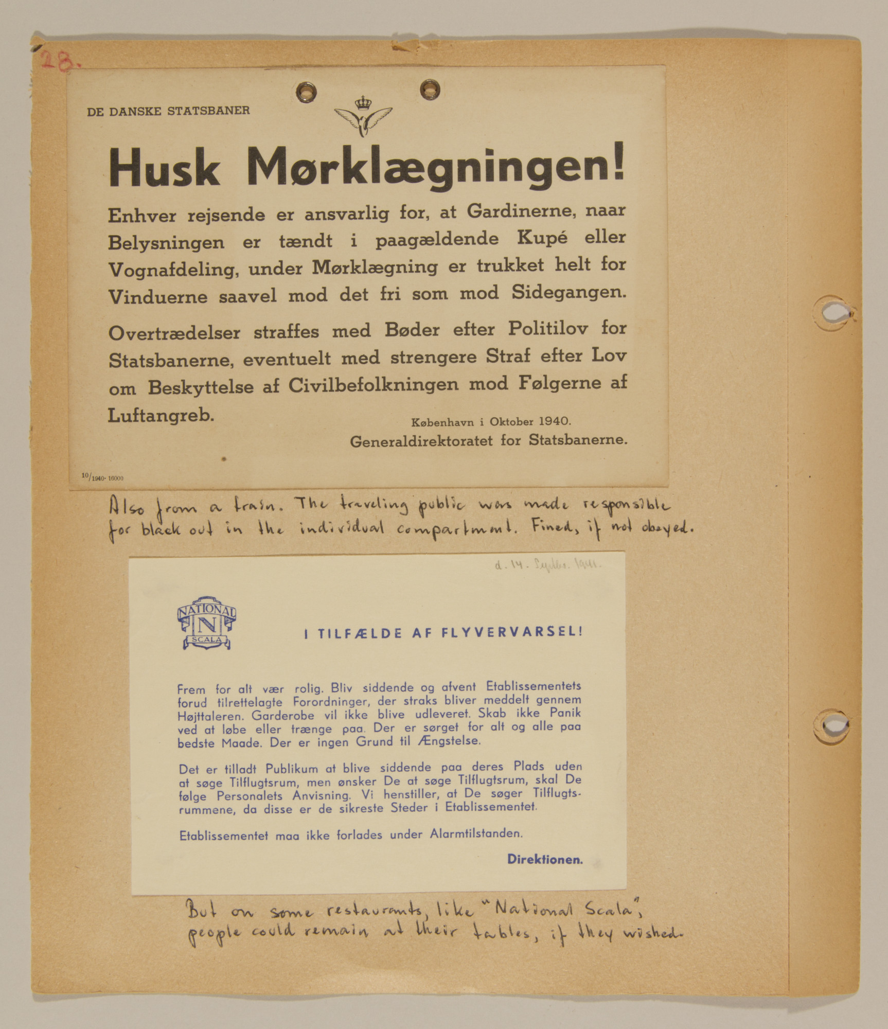 Page from volume one of a set of scrapbooks compiled by Bjorn Sibbern, a Danish policeman and resistance member, documenting the German occupation of Denmark.


This page contains regulations for blackouts and air-raids.