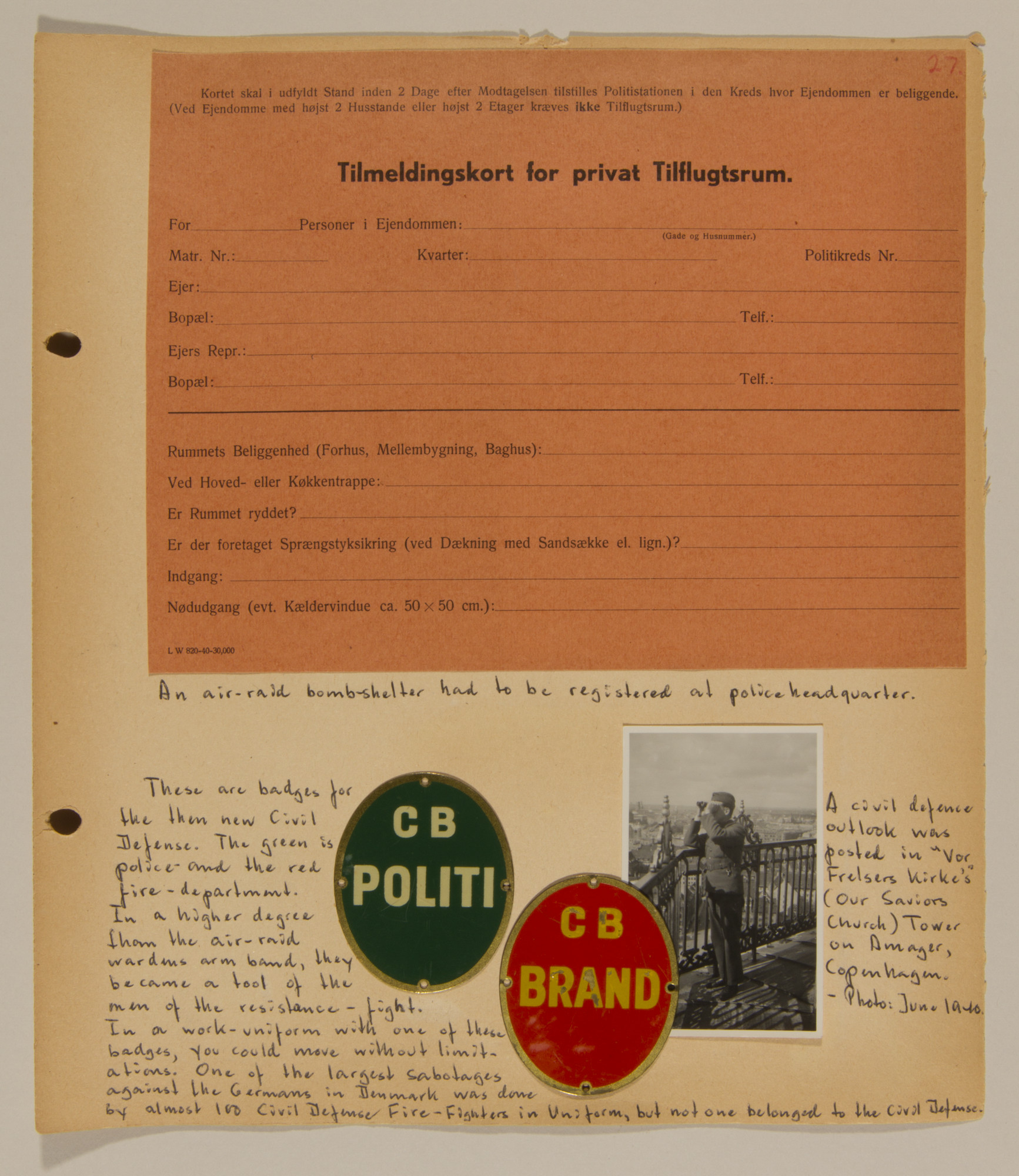 Page from volume one of a set of scrapbooks compiled by Bjorn Sibbern, a Danish policeman and resistance member, documenting the German occupation of Denmark.

This page contains civil defense badges.