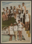 American track and field athletes pose for a group photograph during the 1936 Olympics.