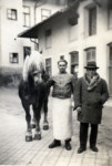 Two men stand next to a horse on the streets of Kirchberg am Wagram, Austria.