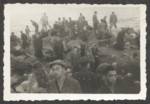 Jewish refugees from the shipwrecked Pentcho stand amid their luggage, on the island of Kamilonissi.