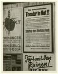 View of a bulletin board with several posters in poswar Vienna, Austria

The handwritten caption on the back of the photograph reads: "Vienna poster dealing with theatre crisis."