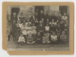 Children in the Jewish school in Liptovsky Mikulas pose outside the synagogue.