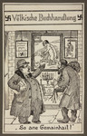 Nazi propaganda of two stereotypically depicted Jewish men appraising antisemtic caricatures in the window of a nationalist bookstore.