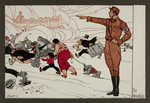Antisemitic propaganda titled, "The Return Home," showing a Nazi stormtrooper directing stereotypically depicted Jewish men, women, and children fleeing toward a walled city (possibly Jerusalem) far in the distance.