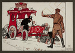 Antisemitic propaganda titled, "Die Bremse" [The Brakes], showing a Nazi stormtrooper stopping a vehicle in which a  stereotypically depicted man is being pushed.