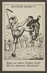 Antisemitic propaganda of an agricultural worker kicking a stereotypically depicted Jewish man through a fence.