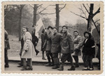 Zionist youth, one carrying a Zionist flag, march in a rally in the Bergen-Belsen displaced persons camp.
