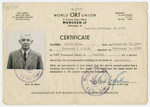 ORT vocational certificate issued to Bela Spitz attesting to the fact that he is a trained tailor.