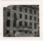 View of the bombed out Chancellery in Berlin. 

Adolf Hitler had previously given his speeches from the balcony.