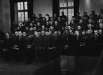 View of the defendants' dock during a session of the trial of 61 former camp personnel and prisoners from Mauthausen.