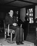 Dr. Eugen Kogon, a former Austrian prisoner in Buchenwald, testifies for the prosecution at the trial of 31 former camp personnel and prisoners from Buchenwald.