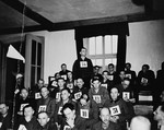 Former SS-Hauptsturmfuehrer Doctor Willi Jobst, a defendant at the trial of 61 former camp personnel and prisoners from Mauthausen, stands in his place in the defendants' dock.