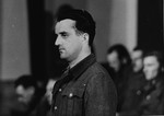An unidentified defendant at the trial of 61 former camp personnel and prisoners from Mauthausen.